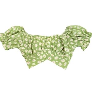 Green Floral Cottagecore Boho Puff Sleeve Prairie Milkmaid Cropped Top Women's S